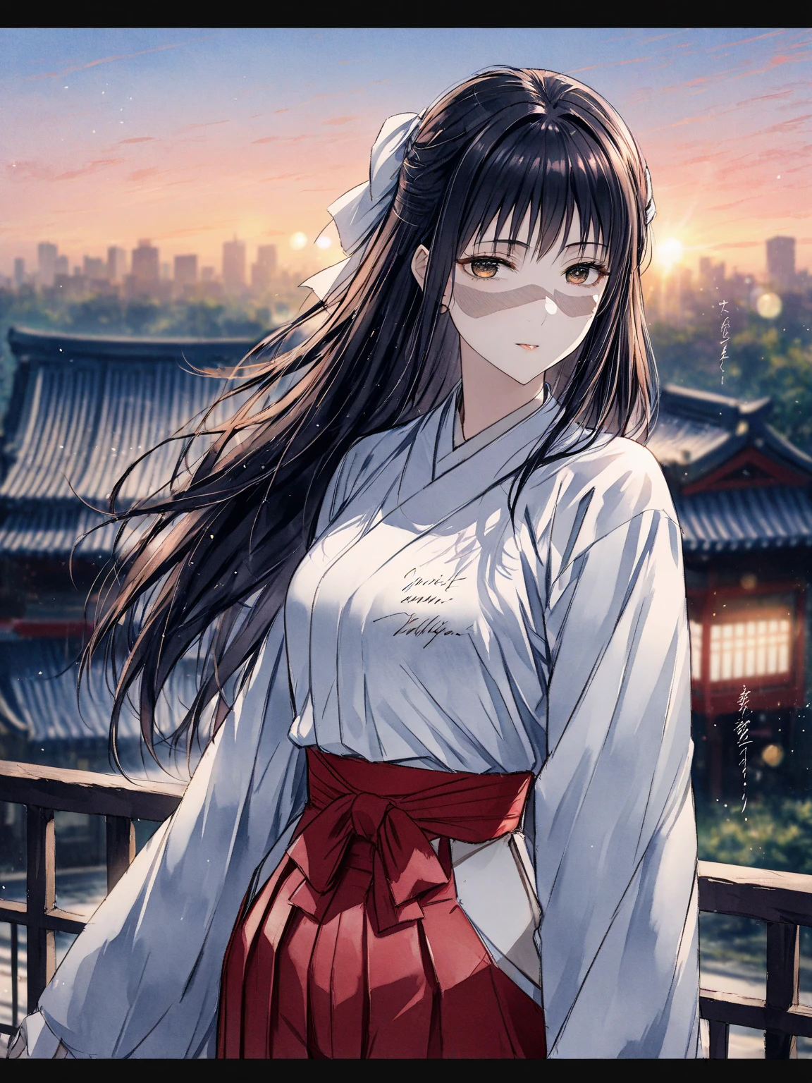 (perfect anatomy:1.2)(absurdres, highres, ultra detailed),masterpiece,best quality,high resolution,8k,Realistic face,Realistic skin texture,magnified textures, stunning clarity,detailed anime girl,(ultra detailed eyes and face),15 years old,black long hair,pale skin,Japanese shrine maiden, mysterious eyes,shrine maiden clothes,(white kimono),(The red long hakama),thin body type,big breasts,,(expressionless:1.2),Steampunk in the Edo Period、(Vivid hieroglyph signs and street advertisements:1.2)、silence、autumn、hieroglyph,souk、Ancient Egyptian statues、Shopping Street,,look at viewer,(from behind:1.6),Delicate atmosphere、,cowboy shot,arms down、Looking at the viewer