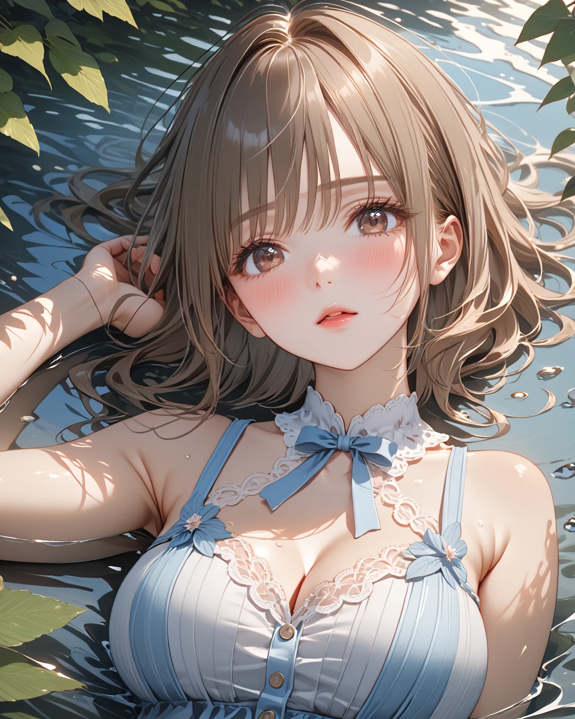 (extremely detailed CG unity 8k wallpaper),(((masterpiece))), (((best quality))), ((ultra-detailed)), (best illustration),(best shadow), ((an extremely delicate and beautiful)),dynamic angle,floating, solo,((1girl)),{long wavy curly hair},expressionless,((white idol dress)), anglesailor dress,(detailed wet clothes),silk shawl,bikini,underboob, frills,cute anime face,blush,(beautiful detailed eyes), (detailed light),feather, nature, (sunlight), river, (forest),(((floating palace))),beautiful and delicate water,(painting),(sketch),(bloom),(shine),um<lora:a88:1>