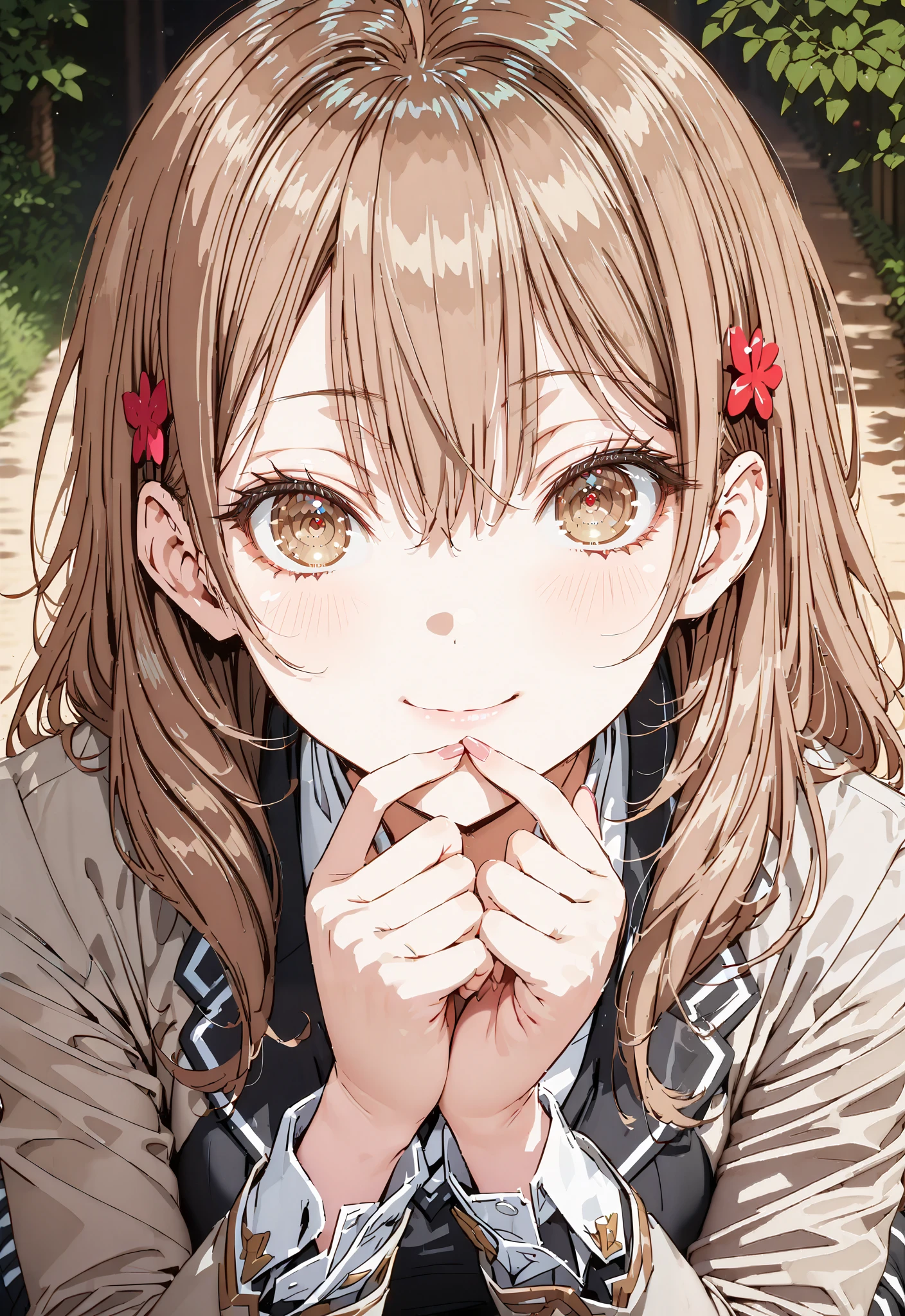 score_9, score_8_up, score_7_up, source_anime, Maria Mikhailovna Kuzou, long hair, bungs, black cock, hair ornament, hair between his eyes, brown eyes, stupid hair,smile,cover,close your mouth, Big Breasts,White string bikini swimsuit,Salon skirt,belly button stick,Bare legs,clothed,全身がillustrationに入るように,break outdoors, strand,
break looking at viewer,
break (masterpiece:1.2), top quality, high resolution, Unity 8k Wallpaper, (illustration:0.8), (beautiful detailed eyes:1.6), highly detailed face, so that it fits into the illustration, extremely detailed CG,full body photo, (perfect hand, perfect anatomy),