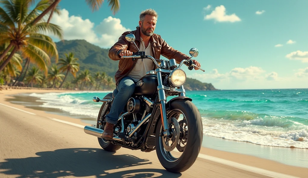 A biker cruises along the coastline highway,ocean waves,palm trees sway in the gentle breeze,casting long shadows on the road,style of xyzbiker03,epic realistic,(hdr:1.4),(artstation:1.2),intricate details,(technicolor:0.9),detailed,[[rutkowski]],intricate,cinematic,side_view,<lora:lora_168_xyzbiker03-LITE:0.3>,