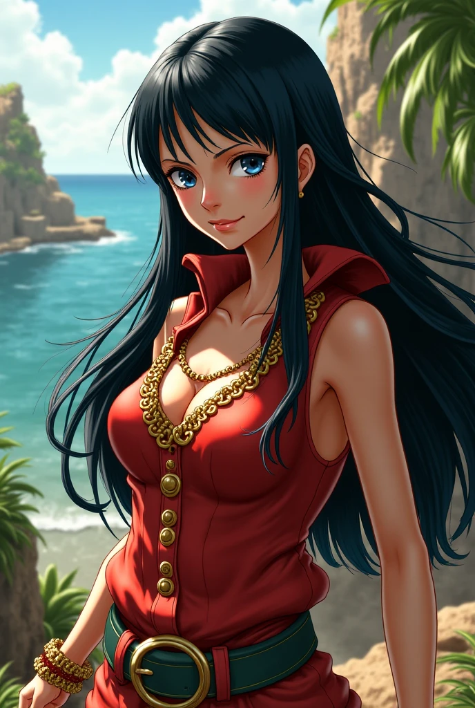 Create a character in the One Piece anime style with black hair with a white streak 