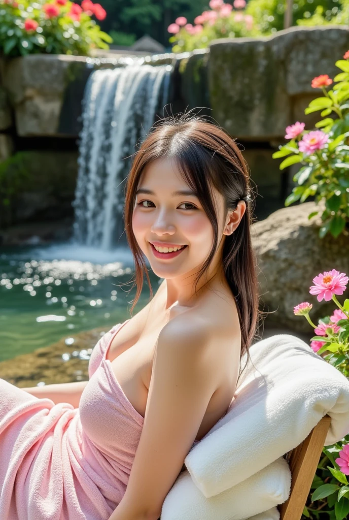 18 yo asian woman sitting in shallow waterfall, in stream, wet clothes, soaked, open buttons, floral sundress, unbuttoned, loose, wet skin, wet hair, clear sunny day, shadows, tranquil, soaked in oil, dripping oil, dripping water, running water, high resolution, best quality, sexy, wet straight dark hair, 8k, transparent, undone buttons, wet, jewelry, nsfw, large breasts, looking at viewer, smile