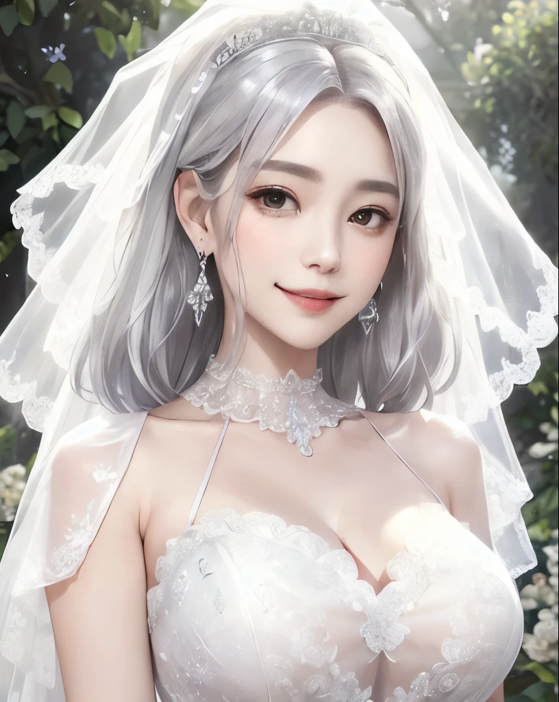 highest quality、Realistic、girl、zoom、Turquoise eyes、Silver Hair、Long curly hair、Bridal Lingerie、Wedding dress、Tanned black body、Brown black skin、Dark Skin、Big 、A big smile、Summer Sea、Bust Shot、