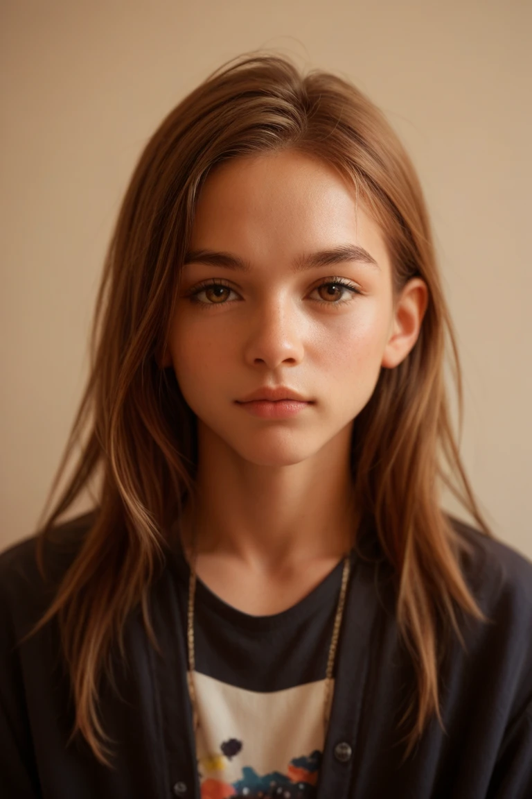photo portrait of a young chubby Russian girl, corneal reflections, Detailed leather texture, lump on the skin, fuzz on the skin, Fluffy hair, medium length brown tousled hair just below the shoulders (rebellious late 80s hairstyle), amber eyes, glasses with lenses, peering into the horizon, in room, a dark room, depth of field, backlight
