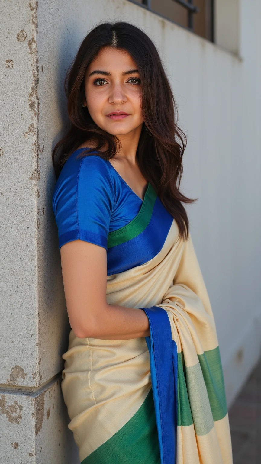Highres photo of a 30-year-old woman,full body, anuLoraXL_gnd, in (cotton_saree_blouse:1.2)<lora:anuLoraXL_gnd:0.8>,