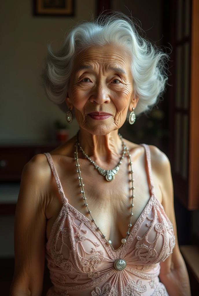 Mature and attractive woman、3 people、bbw、an lingerie、large boob、A smile、​masterpiece、top-quality、(((old women)))、70 generations、grandmather、white  hair、Gray hair、Elderly women、Alone、4K、smil、undergarment、Sexy Shots、Colossal tits、large full breasts、Women with wrinkles around their eyes、Wrinkles on the skin of the whole body、Wrinkled body、Wrinkled wrists、a bed、FULL BODYSHOT、Photograph the whole body、All the different faces