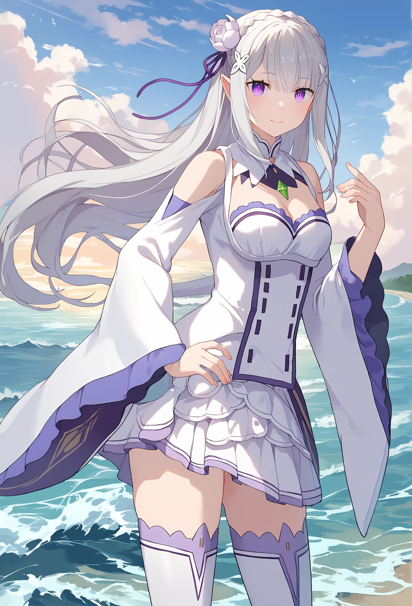 bbest quality, highres,ultra-detailed, solo_focus, <lora:EmiliaV10:0.8>, Emilia, from_behind