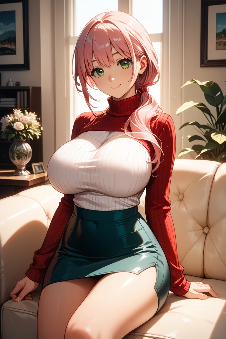 masutepiece, bimbo, white shirt, green skirt ,Red tie, Red Hair Ribbon, White stockings, 8K, forest, Green hair, gigantic breasts, huge nipples, giga_busty