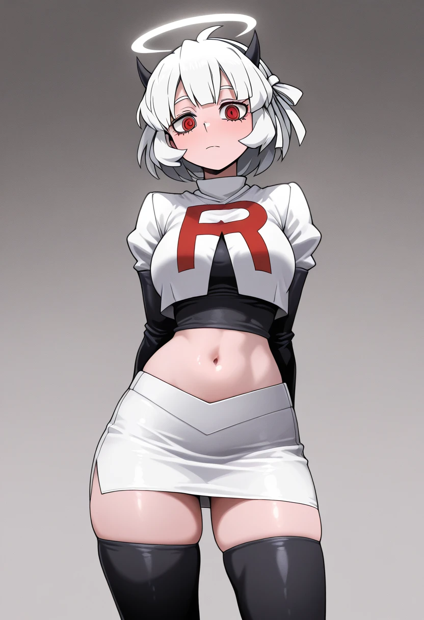 sirius (azur lane),white hair,red eyes,1girl,short hair,headband,team rocket,team rocket uniform,white skirt,red letter R,crop top,black thigh-highs,black elbow gloves