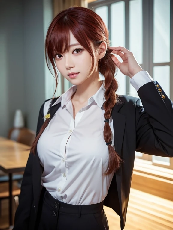 (best quality, master part, fullcolor, Dynamic angle, highest detailed) upper body photo, glad, (Makima, chainsawman), handsome fashion photography (red long hair) Kizi (Stunning mature woman), ((Massive medium breasts)), High Dress Up Detailed Office Makima Suit, white shirt black tie(high resolution textures), in doggy pose, bokeh, (details Intricate, hyperdetailed:1.15), circunstanciado, sunlight passing through hair, office background, (offcial art, extremely detaild, highest detailed),