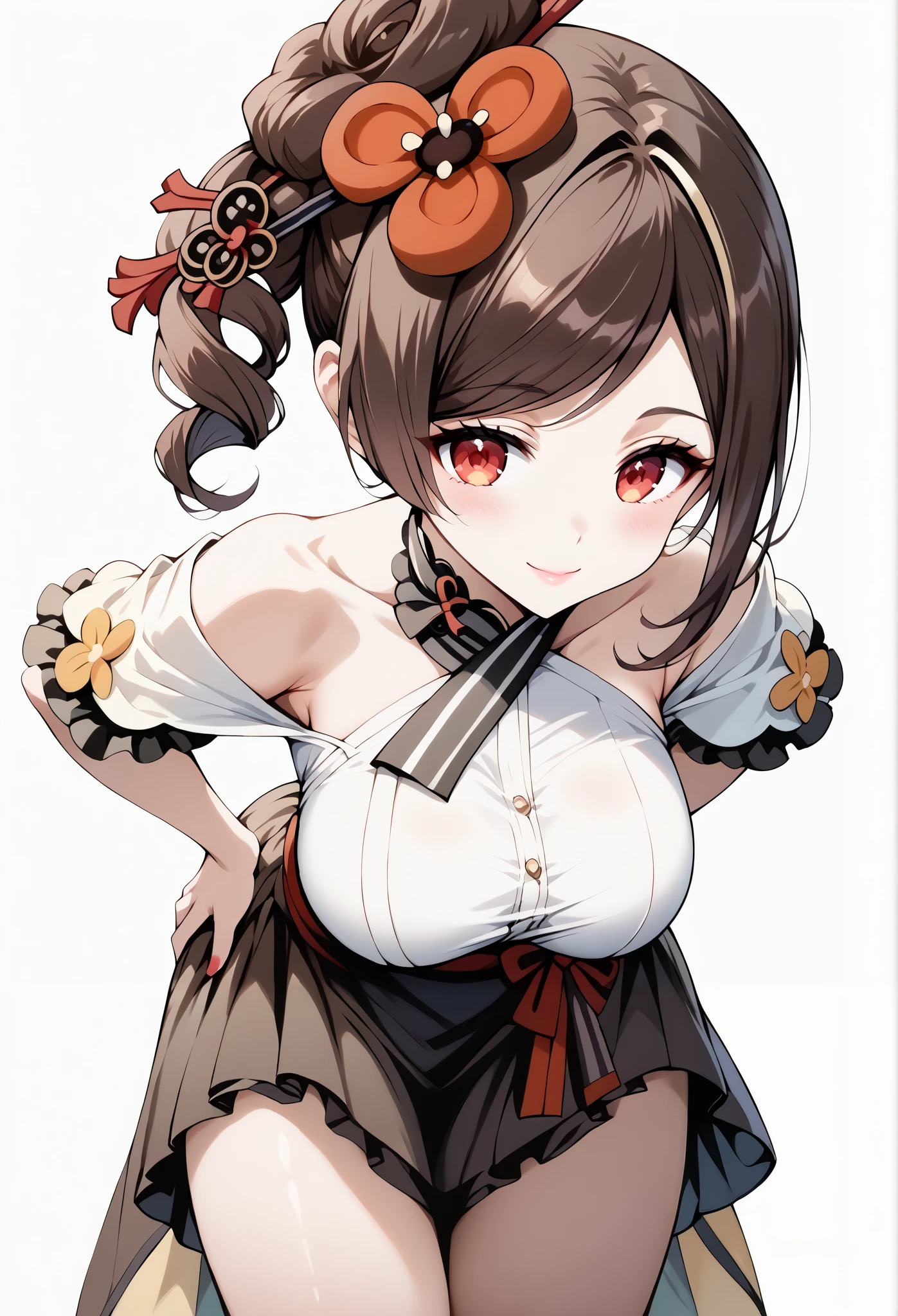 score_9, score_8_up, score_7_up, source_anime, 4K,perfect fingers,(perfect hands, perfect anatomy),prefect lighting, very aesthetic, intricate details,highly detailed background, masterpiece, high quality, best quality,
1girl,Solo,genshinchiori, chiori, brown hair, hair ornament, red eyes, hair flower, large breast,
wearing ((casual dress,frills,ornate clothing, )),,
looking at the spectator, cowboy shot, filed, Arms Behind Back, high thigh individual , (large breasts:0.9),Stand up,fullbody,((White plain background:1.5)) ,smile,((front look:1.5)), ((hands on ass:1.5)), ((leaning forward:1.3)),