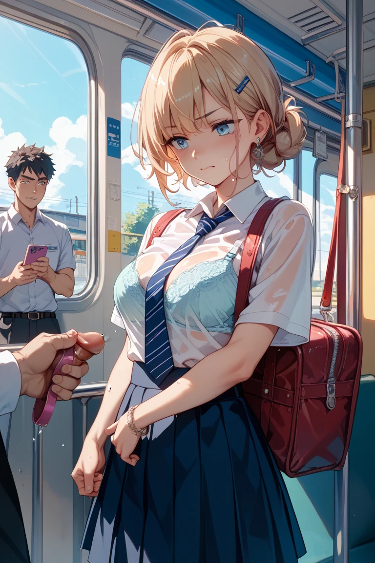 (Tabletop, highest quality, Super detailed), One Girl, Purple eyes, Blonde Hair, Dark Skin, Short Hair、Perm Hair、((Japanese school uniform))、((pantyhose))、(on the train)、(mini skirt)、Black Panties、((See-through bra))