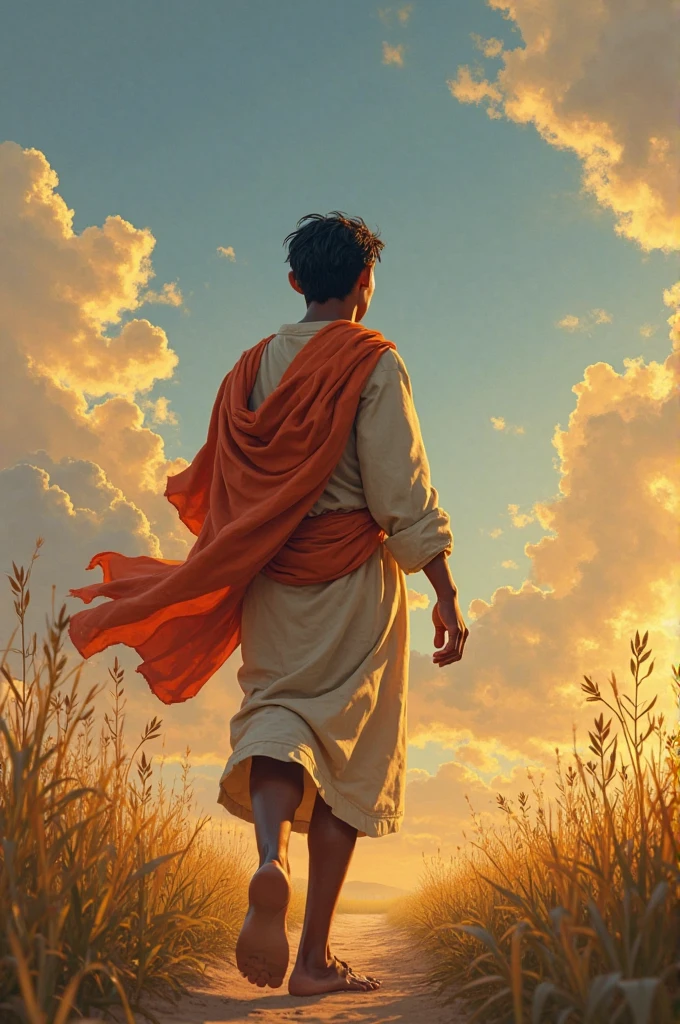 A male Stoic philosopher, around 2, with a well-proportioned physique and slightly tanned skin, stands in a bright, open landscape that contrasts sharply with previous scenes. His classic tunic in soft olive green with subtle copper details gently drapes over his body and subtly reveals his shoulder. The scene is painted in an impressionist style with vibrant, expansive brushstrokes capturing the illumination and openness of the landscape. His face reflects serenity and enlightenment as he gazes out at the clear, expansive view, symbolizing the transition from self-deception to clarity and realism.