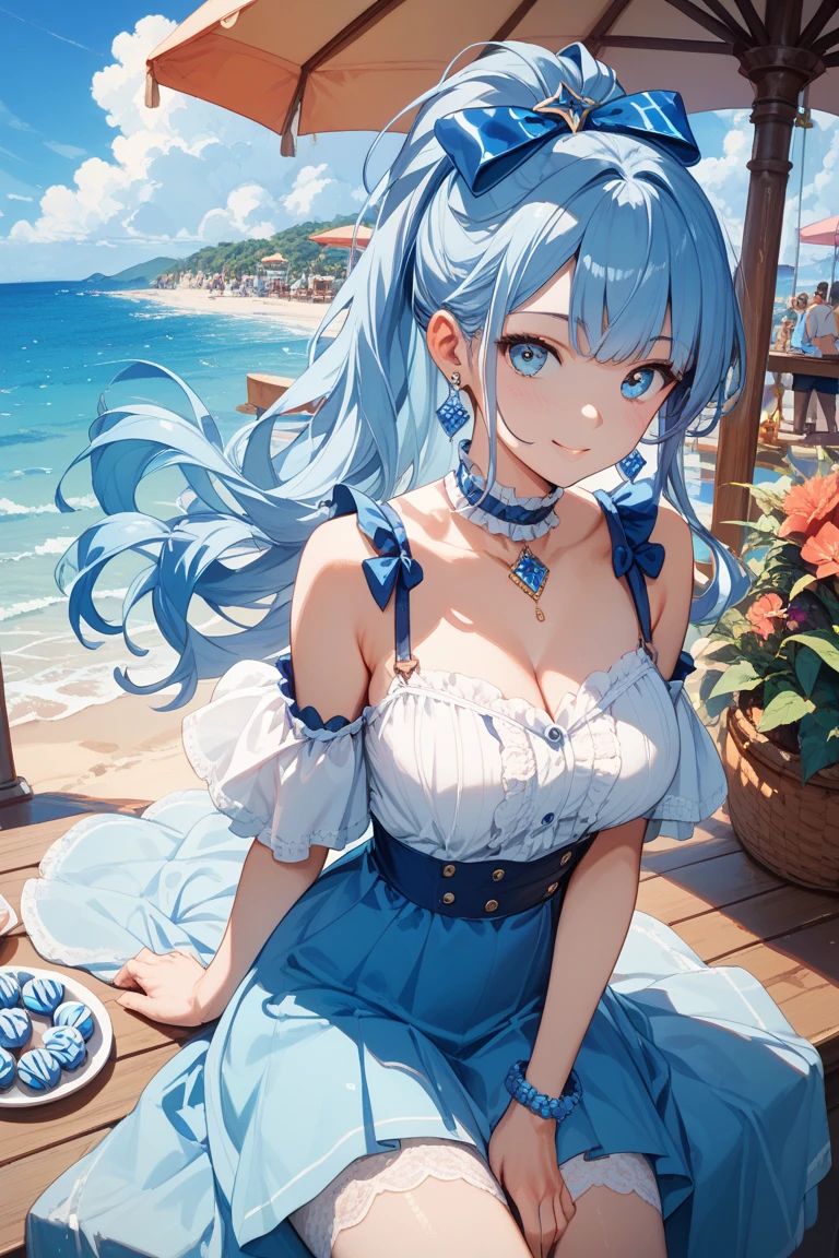Highest quality、Highest quality、masterpiece、(8K resolution),beauty(Age 25)、(Mature Appearance)、Light blue long hair(Braiding of the sides)、blue eyes、(Detailed embroidered underwear)、(Elf)、Big cleavage、((Big Breasts))、smile、blue necklace、Blue Earrings、background(Beach)、Please open your mouth wide、bracelet、Dynamic pose、Blue choker、Black tights