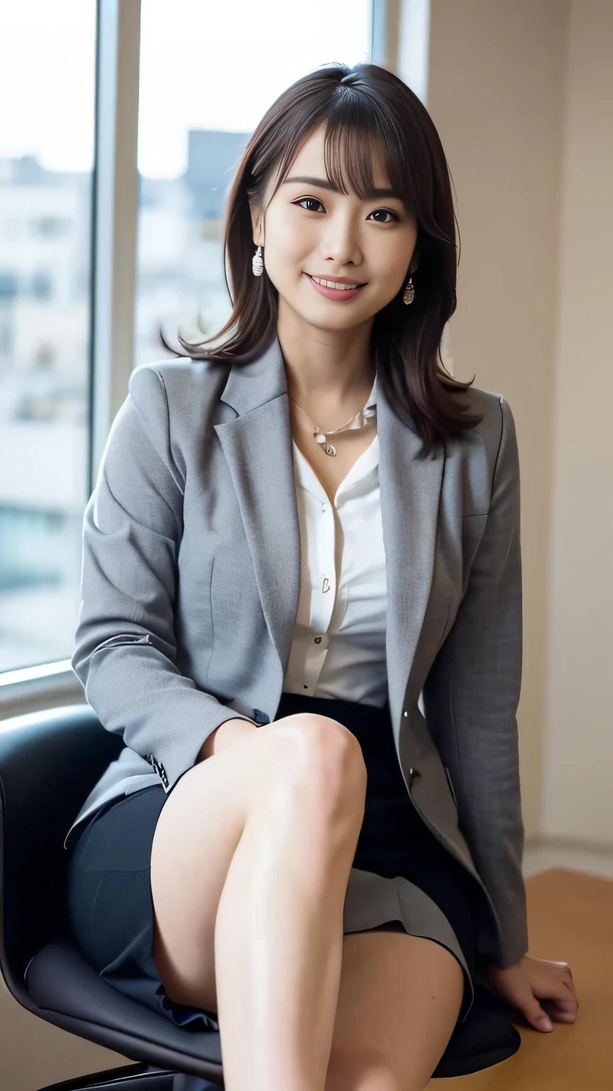 (Japanese office lady, 25 year old japanese woman:1.2), one woman, Extremely Beautiful Women, chair, (gray business suit, black business suit, suit skirt:1.3), natural makeup, Beautiful Legs, simple earrings, At the company office, office with desk and chair, Office with Large Window