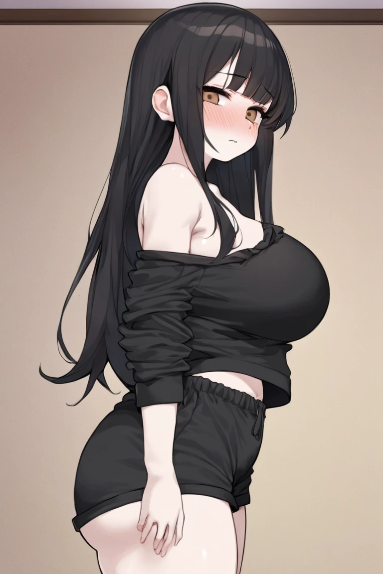 Masterpiece, best quality, 1 girl, long hair, big bust, ((Black Hair)), ((long hair)),((Black crop top)),Black Tight Shorts,Sexy,Sensual,Red eyes,Serious, emotionless, adult woman, seductive, hands on hips, ((chubby body)), ((Nice Thighs, Huge Boobs, Huge Breasts)), night forest background, looking angrily at you, holding a red katana.