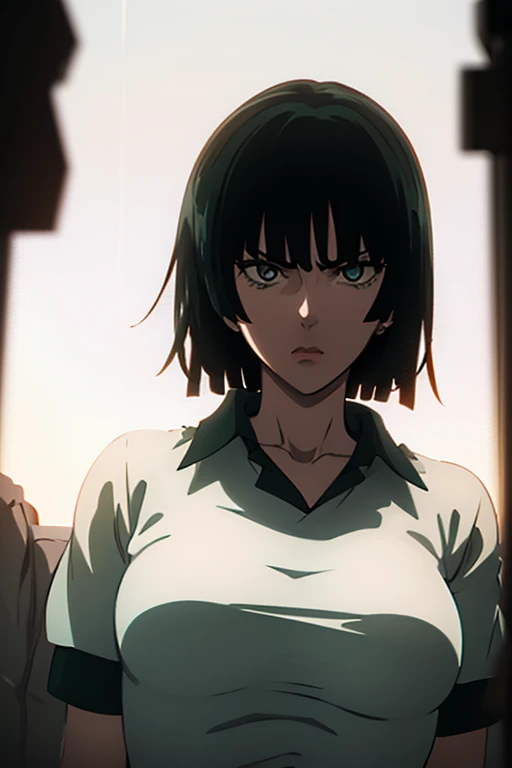 Fubuki, pecho hacia arriba, Armadura de luz dorada por todo su cuerpo, Looking up from the camera, Paseando por las calles medievales.
