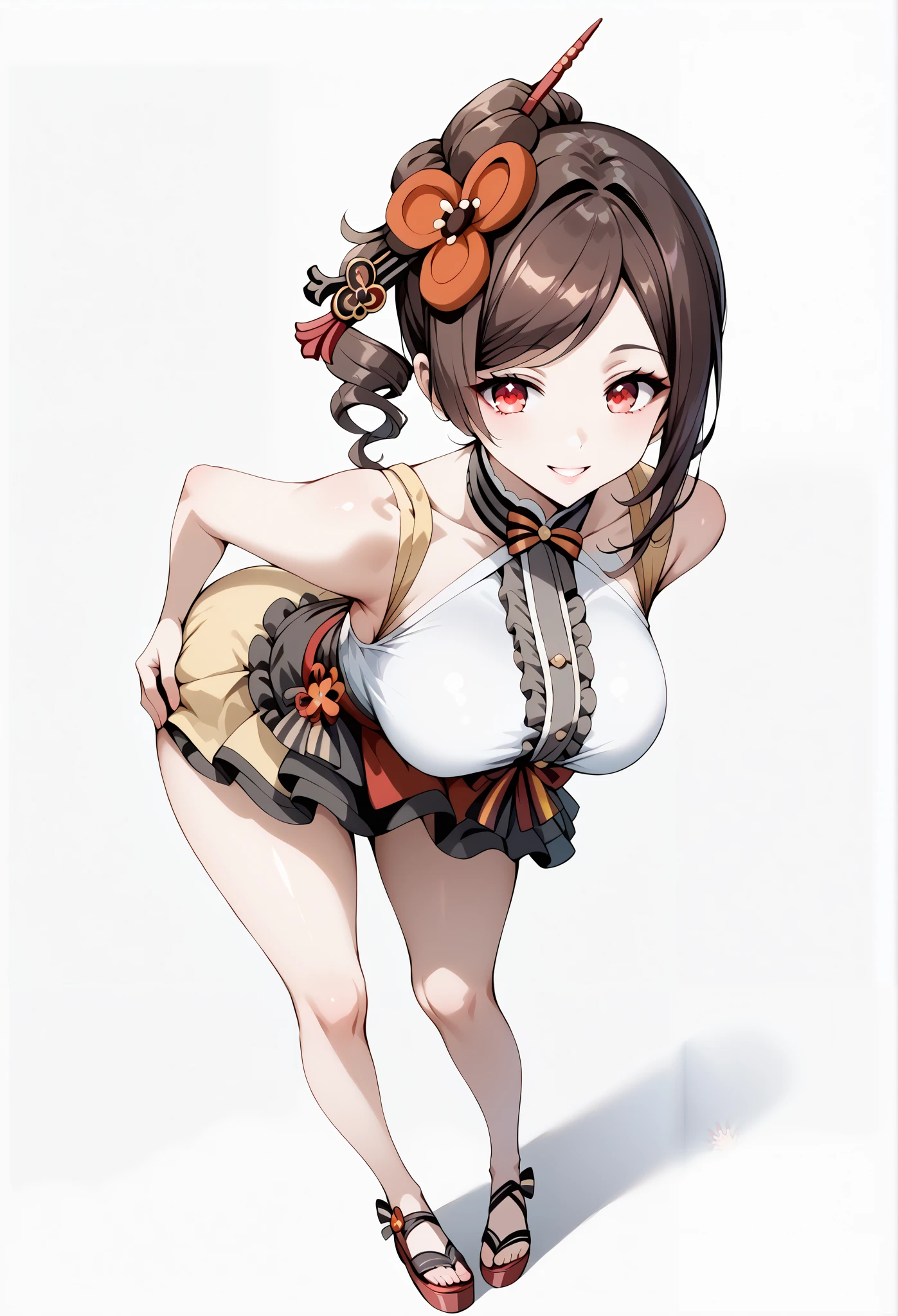 score_9, score_8_up, score_7_up, source_anime, 4K,perfect fingers,(perfect hands, perfect anatomy),prefect lighting, very aesthetic, intricate details,highly detailed background, masterpiece, high quality, best quality,
1girl,Solo,genshinchiori, chiori, brown hair, hair ornament, red eyes, hair flower, large breast,
wearing ((casual dress,frills,ornate clothing, )),,
looking at the spectator, cowboy shot, filed, Arms Behind Back, high thigh individual , (large breasts:0.9),Stand up,fullbody,((White plain background:1.5)) ,smile,((hands on ass:1.5)), ((leaning forward:1.3)), ((top angle view)),