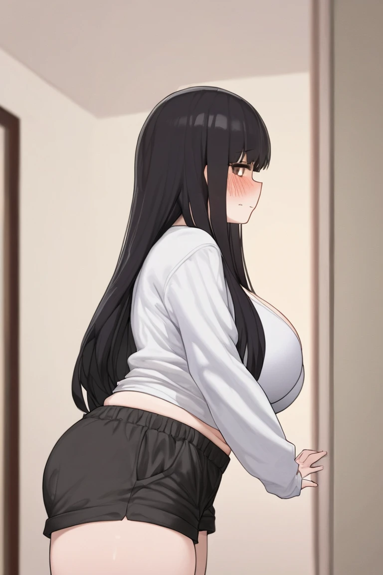 (((Open your mouth))),14-year-old face,Black Hair,bangs,Long Hair,(Hot Face),(((Heavy breathing))),With an excited face,(Big Breasts),Chubby belly,((Black Shirt)),(skirt),((Pink Panties)),((Looking into the camera)),See-through nipples ,(Small nipples),(Small areola),(Sitting on the stairs),(With legs wide open),Angle from below,front,