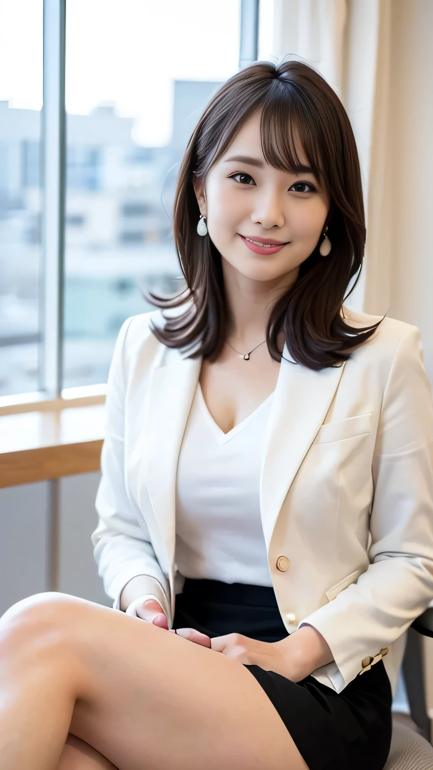 (Japanese office lady, 25 year old japanese woman:1.2), one woman, Extremely Beautiful Women, chair, (White business suit, black business suit, suit skirt:1.3), natural makeup, Beautiful Legs, simple earrings, At the company office, office with desk and chair, Office with Large Window
