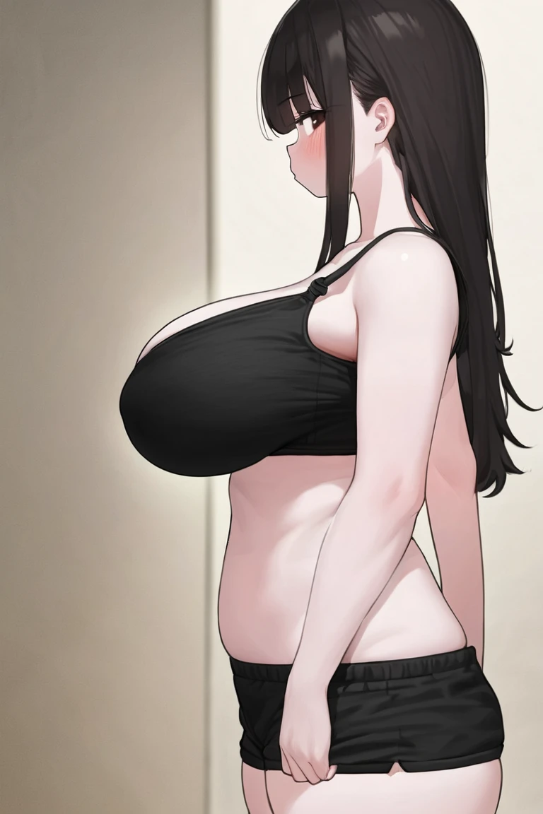 ((best quality)), ((masterpiece)), (detailed), (Realistic), (Vibrant), 1girl, mature female, milf, looking at viewer, plump breasts, cleavage, slightly chubby, hourglass figure, dark bedroom, black lace lingere, brown hair, long hair, skindentation, seductive smile, motherly, thick thighs