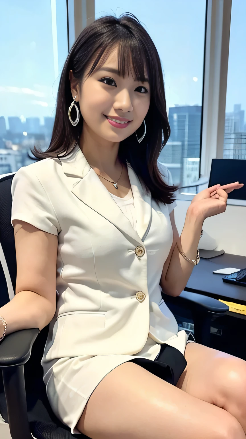 (Japanese office lady, 25 year old japanese woman:1.2), one woman, Extremely Beautiful Women, chair, (White business suit, black business suit, suit skirt:1.3), natural makeup, Beautiful Legs, simple earrings, At the company office, office with desk and chair, Office with Large Window