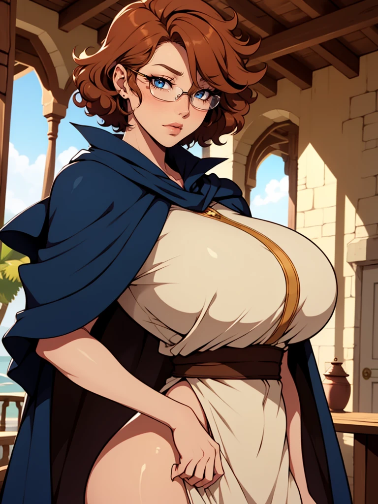 Solo, female, tan skin, curly hair, (((short hair))), light mahogany hair, lipstick, eyeliner, eyelashes, thick eyelashes, big breasts, linen tunic, (navy cloak), glasses, fantasy village, mature female