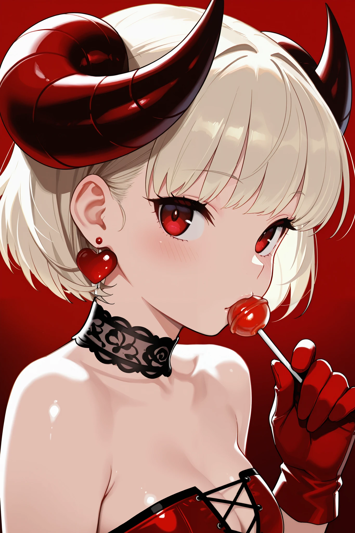 **Facial Expression**: Slightly playful, mysterious expression **Hairstyle**: Long platinum blonde hair with bangs, styled with two prominent horns **Clothing**: Shiny red strapless outfit with black lace-up details **Accessories**: Red gloves, red heart-shaped earrings, choker with a bow **Pose**: Slightly turned to the side, holding a red lollipop to her lips **Gaze**: Looking towards the viewer with a hint of allure **Skin Condition**: Smooth, fair skin with subtle blush **Background Environment**: Solid dark red background **Lighting and Color**: Soft lighting with minimal shadows, monochromatic red color scheme **Context and Atmosphere**: Stylish, slightly edgy and seductive This image portrays a striking character with a bold color palette and distinctive style elements, creating an intriguing and alluring visual impact.
