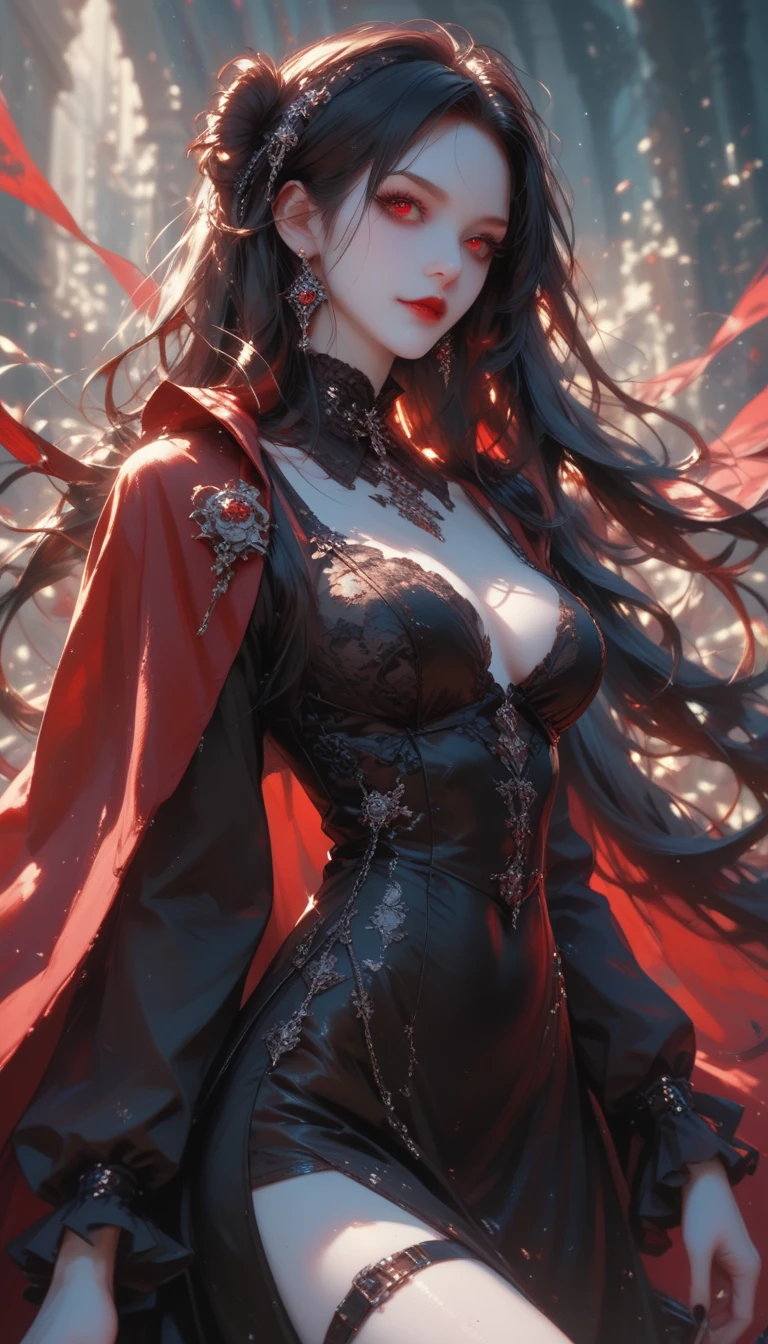 Morgath is of average height, with a magnetic presence that exudes power and mystery. her hair is long and black, falling like a cascade of ink over your back. Your skin is pale, almost ethereal, contrasting with his deep red eyes that seem to glow with an inner light. She wears dark red velvet robes, adorned with arcane symbols embroidered in silver, that float and adjust to your movement as if they had a life of their own.