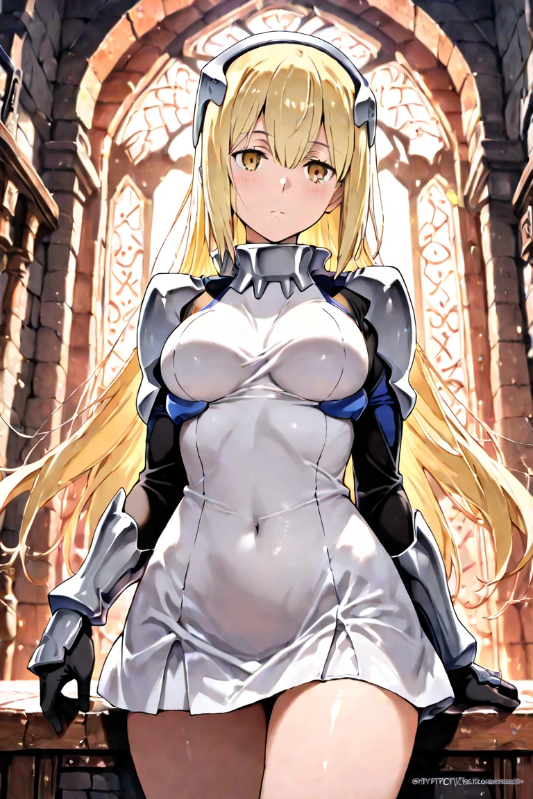 masterpiece、Highest quality、Ultra-high resolution、Maximum resolution、Very detailed、Professional Lighting、anime、Adult female、thin、so beautiful、Beautiful Face、Maid uniform long skirt、((Blue and white armor))、Shiny Armor、Holding a bow、Gold earrings、blonde、Purple eyes、Pink Lips、In front of the entrance、Full Body、 Bent body、Lie in, Look to the side, Worried face, Female genitals in full view, Drunk look, Hot body、Sweaty、