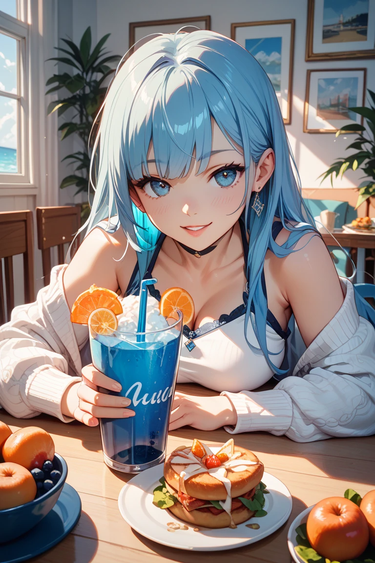 Highest quality,8k,detailed,F cup bust、Big Breasts、Slim and beautiful arms、Slim body、Very white beautiful skin、((((1 person、smile、Thin white bikini、smile、sit、In the background are the urban buildings of Tokyo、Outdoor café terrace、Drink juice、Cheek resting on hand、coastal、table、looking at the camera、Very cute face、Looking up、Shooting from a distance、Navy hair color))))、Sexy pose、Very blue sky、A completely cloudless sky、She tilted her head slightly、The atmosphere is bright and lively、The woman is at the center of the image。