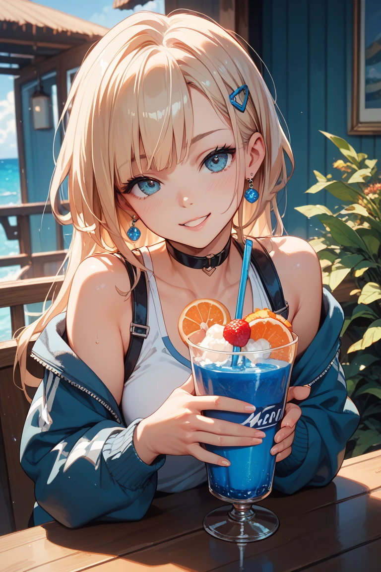 最high quality、best image quality、masterpiece、teenage girl((18-year-old、 By becoming、vest bust、medium bust,wide open breast tea、black eye, blonde hair、Habitual hair、long hair、thin,highest valley、blue shorts、Holding a plastic bottle、troubled face、heart tattoo、black aloha shirt、squat、open your legs、sweating)),high quality、beautiful art、background((Hawaii、Waikiki、Palm tree))debris flies、Depth of written boundary、movie、visual art、perfect art、8K,genuine