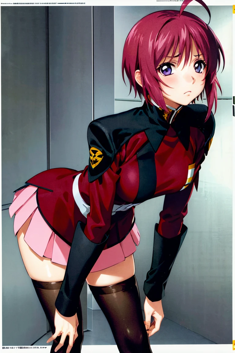 masutepiece, Best Quality, hight resolution, 1girl in, Solo, Pink skirt, Military uniform, Short hair, Ahoge, black thighhighs, Red hair, Purple eyes, Purple hair, Long sleeves, frown, Leaning forward,((Skirt lift:1.5)),