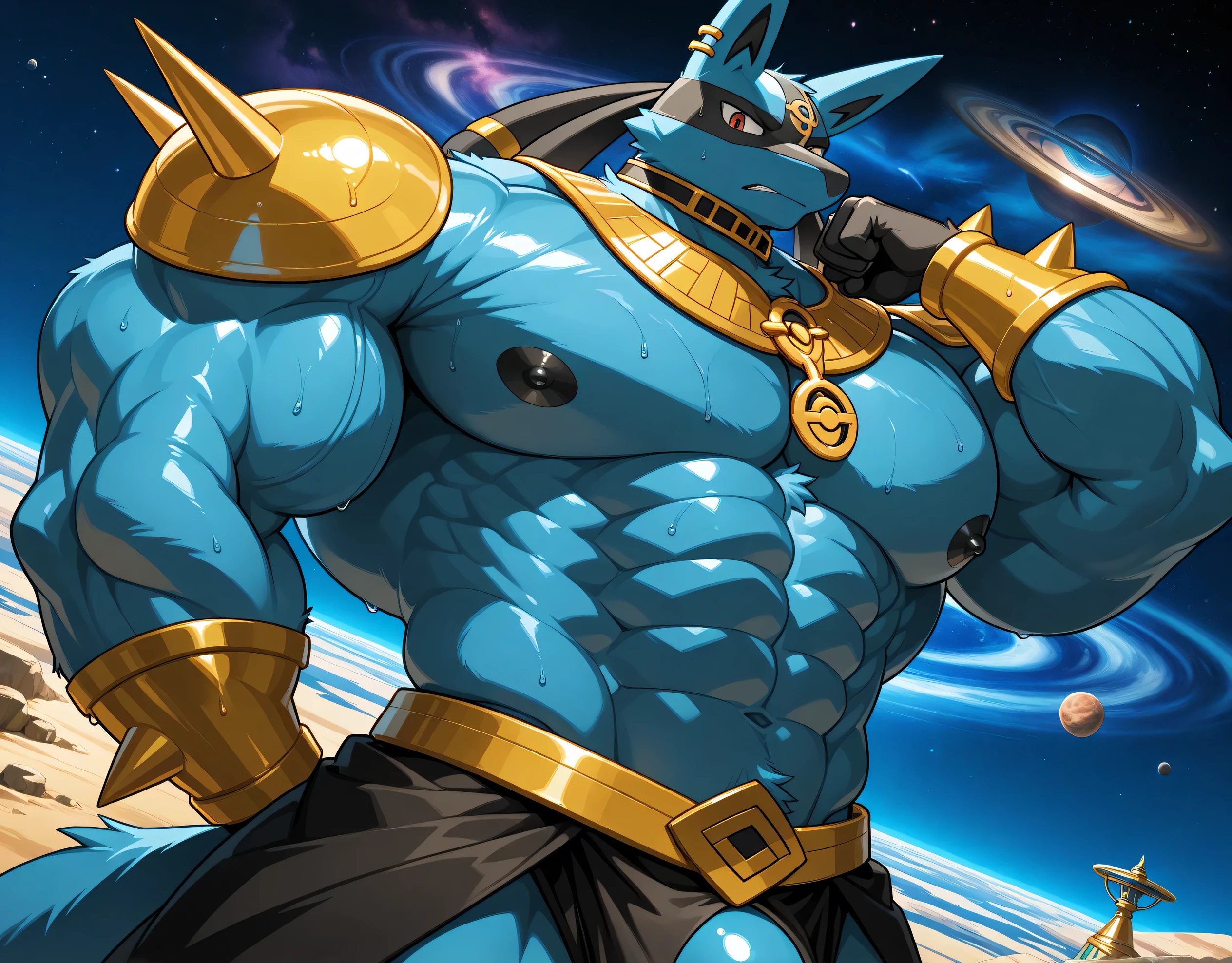 detailed background, low view, outer space, planets, dutch angle, close up, score_9_up,score_8_up,score_7_up,score_6_up,score_5_up,score_4_up, BREAK kemono, bara, furry, 1boy, anthro, LucarioRS, pokemon (creature), lucario, Blue Fur, Chest Spike, Red Eyes, yellow chest fur with thicker patches on the collar, Spike on Hands, Two tone fur, Egyptian necklace, jewelry, huge muscular, broad shoulders, male, macro, black collar on neck, tail, male, posing, bedroom eyes, sweaty, huge black nipples, angry, looking at viewer, upper body shot, flexing an arm, one hand behind back, huge black loincloth, huge bulge in black loincloth