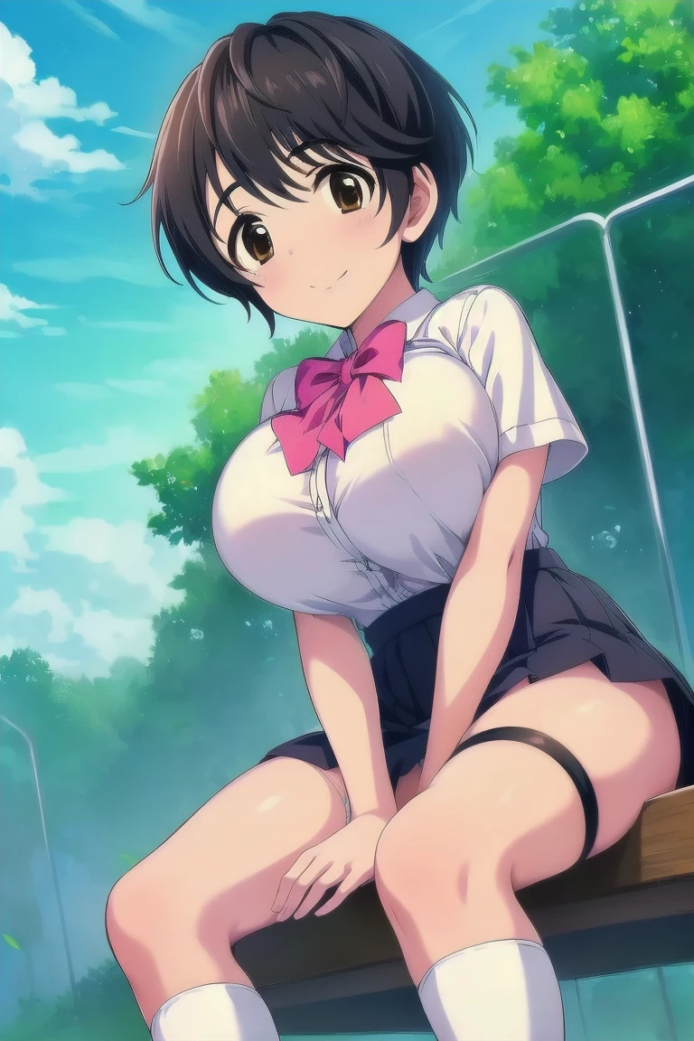 shinkai makoto, Kimi No Na Wa., One girl, bangs, Black Hair, blush, bow, bow, Brown eyes, collared , head band, head band, Looking at the audience, red bow, red bow, red head band, 赤いribbon, ribbon, , , short hair, smile, alone, , , smile, Happy, Open your mouth, Sit on the bench with your legs up, Afternoon Gathering, Feel free to sit,Nipples,Nipples,Pussy,naked,Nipples,NipplesNipples