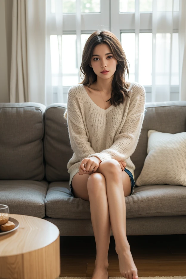 1 girl,Sit on the comfortable sofa,Cross your legs.,soft light