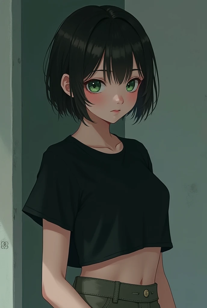 girl with black straight hair,length to shoulder height ,black eyes, pretty face, pink lips,slim, green t-shirt,medium chest,slim,image of face and shoulders Half up