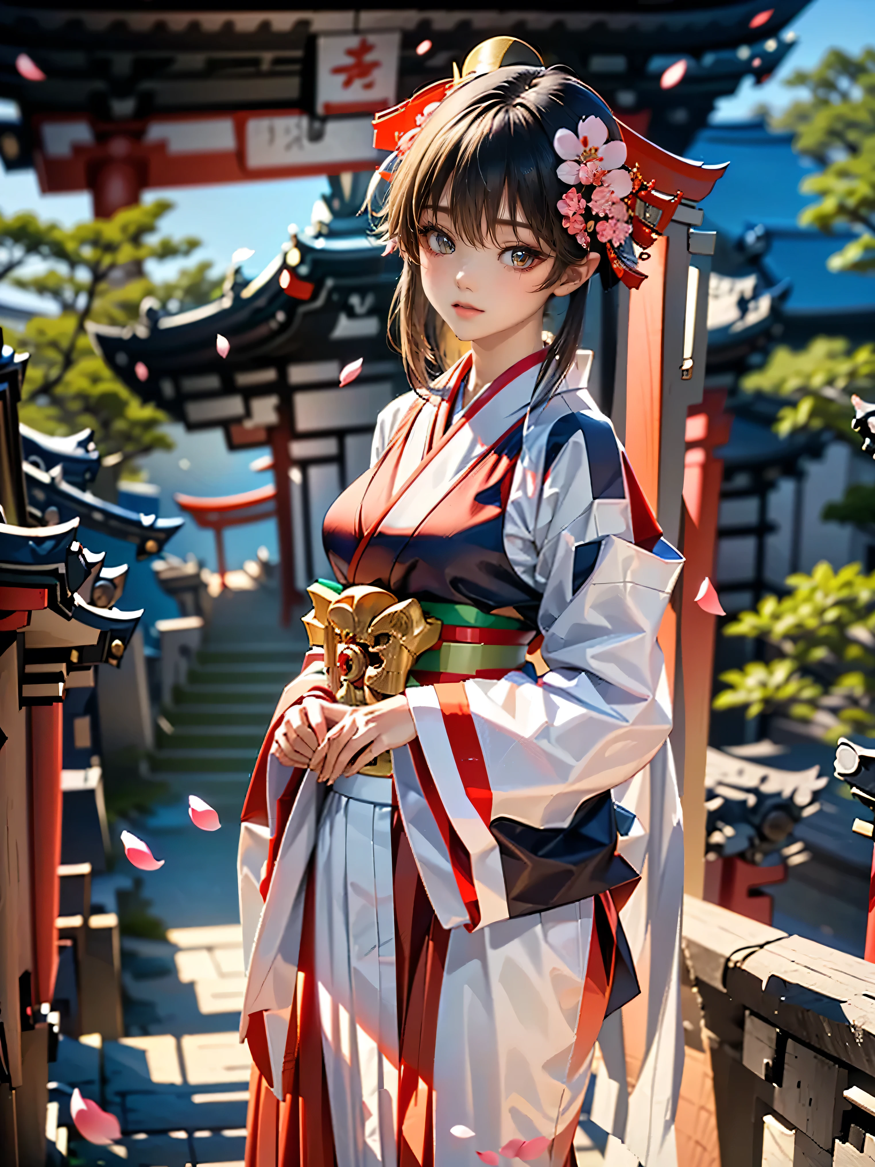 (Ultra Realistic), (Photo), (High Resolution), (8K), (High Resolution), ((Sakura petals flying all around her in the wind)), (Best Portrait), (Beautiful Detailed Eyes), (Top Quality), (Super Detail), (Masterpiece), (Wallpaper), ((Wearing a Shrine Maiden's outfit and long red hakama)), ((Human Shrine Maiden with odd eyes)), ((Heterochromia, Red Eyes, Green Eyes)), ((Sparkling Detailed Eyes)), (Highly Detailed Face), (Long Silver and Purple Hair), (One Girl), (Solo), (Detailed Eyes, Pale Cheeks, Glowing Skin, Glossy Lips, Facial Lighting), ((Clear and Smooth White Skin)), (Standing: 1.0), (small breasts), slim body, (thin thighs), (thin waist), ((standing in front of the torii gate of a shrine wearing a shrine maiden's outfit), ((outfit worn at a shrine), shrine maiden)), ((wearing long red hakama)), ((shrine maiden's sokutai)), ((bright smile)), (shrine maiden's outfit), (long sleeves), (long hakama: 1.2), (cherry blossoms), (shrine), bathed in morning sun, ((anatomically accurate depiction)), ((detailed depiction down to the fingertips)