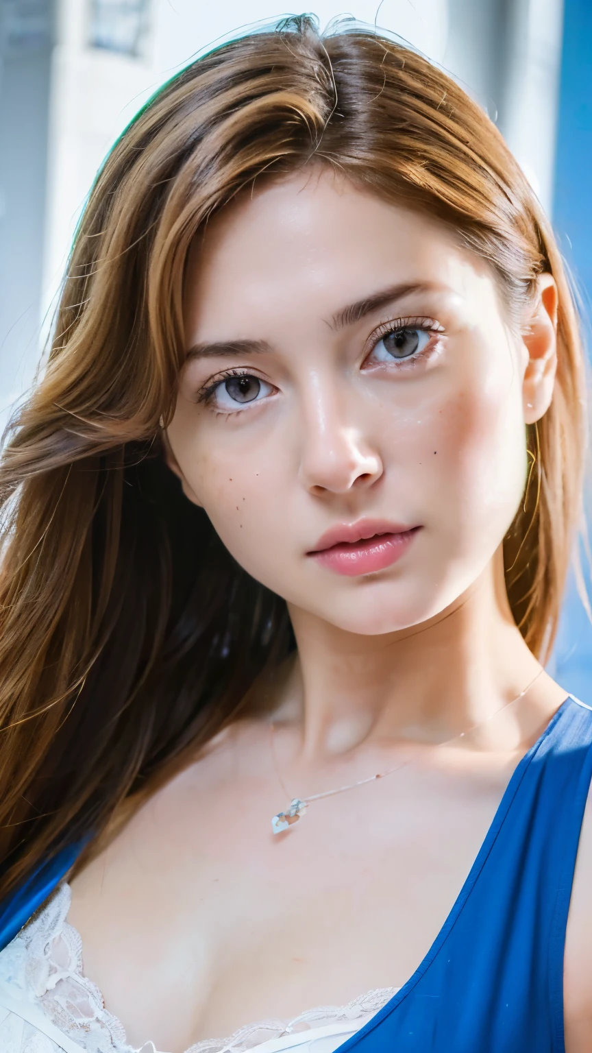 (best quality, highres, ultra-detailed), realistic, photorealistic, (beautiful detailed face:1.1), (beautiful detailed brown hair:1.1), nua, (light pink lipstick:1.1), (close-up shot:1.1), (highlighted face:1.1), (soft natural lighting:1.1), [background: Blurry of a bar with bottles in the background image ]