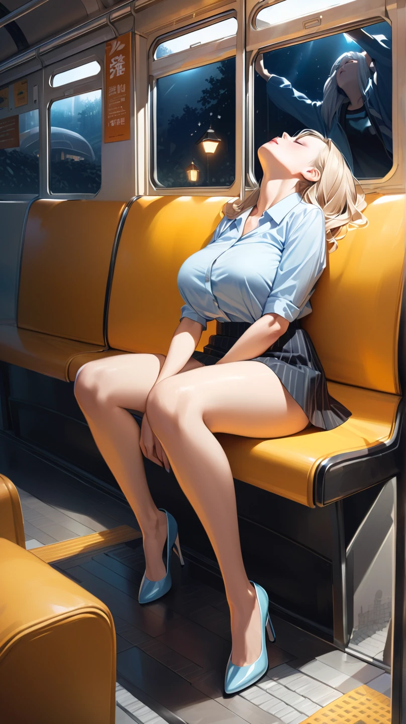 Highest quality,masterpiece,Ultra-high resolution, Very detailed, 8K,a beautiful Japanese woman:1.5, Small face, Blonde、 Breast Augmentation Surgery, (High school uniform:1.5, Pleated skirt, bag), Spread your legs、 Sitting on the subway、 Skirt flip、 Provocative smile、 face to face