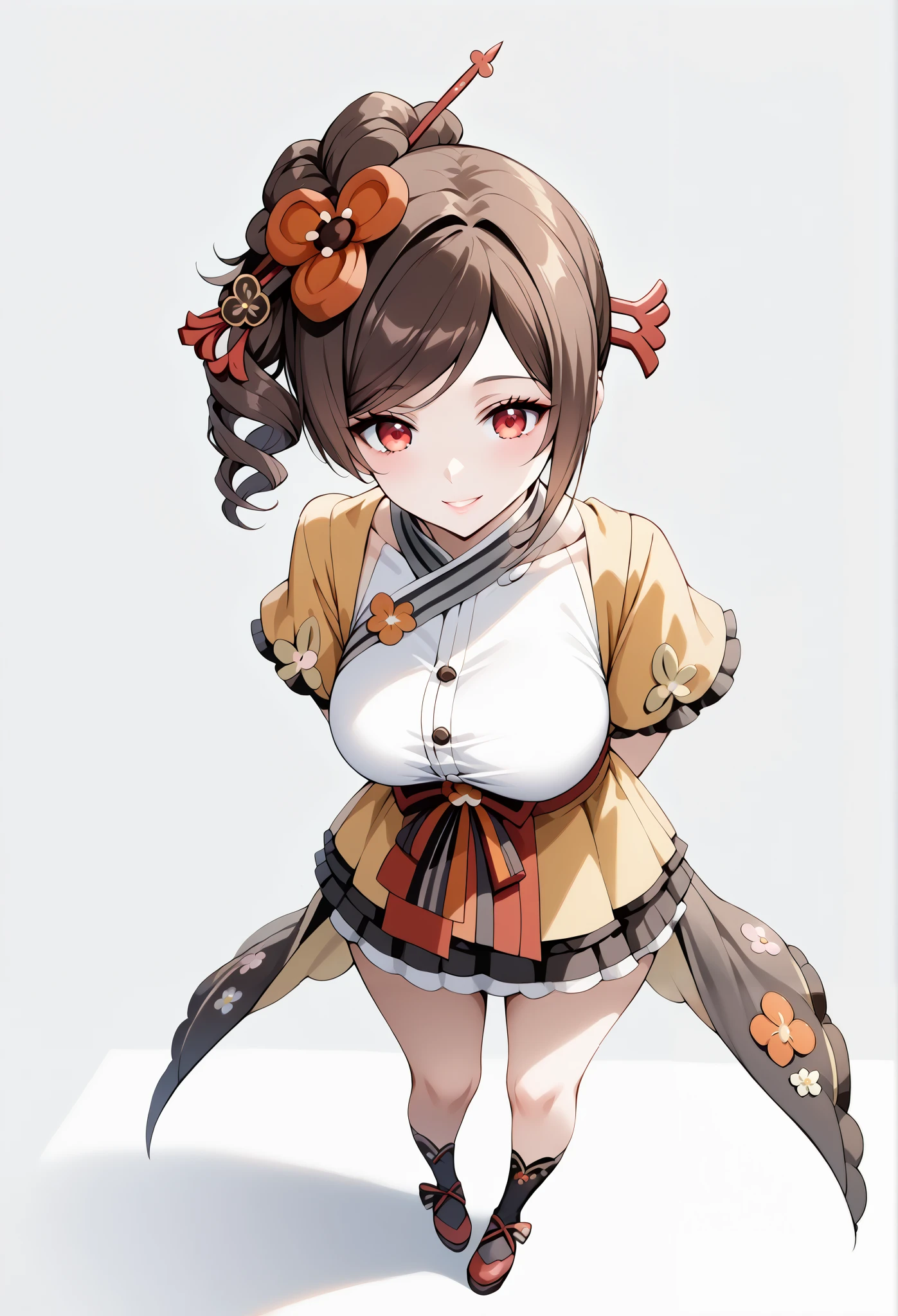 score_9, score_8_up, score_7_up, source_anime, 4K,perfect fingers,(perfect hands, perfect anatomy),prefect lighting, very aesthetic, intricate details,highly detailed background, masterpiece, high quality, best quality,
1girl,Solo,genshinchiori, chiori, brown hair, hair ornament, red eyes, hair flower, large breast,
wearing ((casual dress,frills,ornate clothing, )),,
looking at the spectator, cowboy shot, filed, Arms Behind Back, high thigh individual , (large breasts:0.9),Stand up,fullbody,((White plain background:1.5)) ,smile, ((leaning forward:1.3)), ((top angle view)),