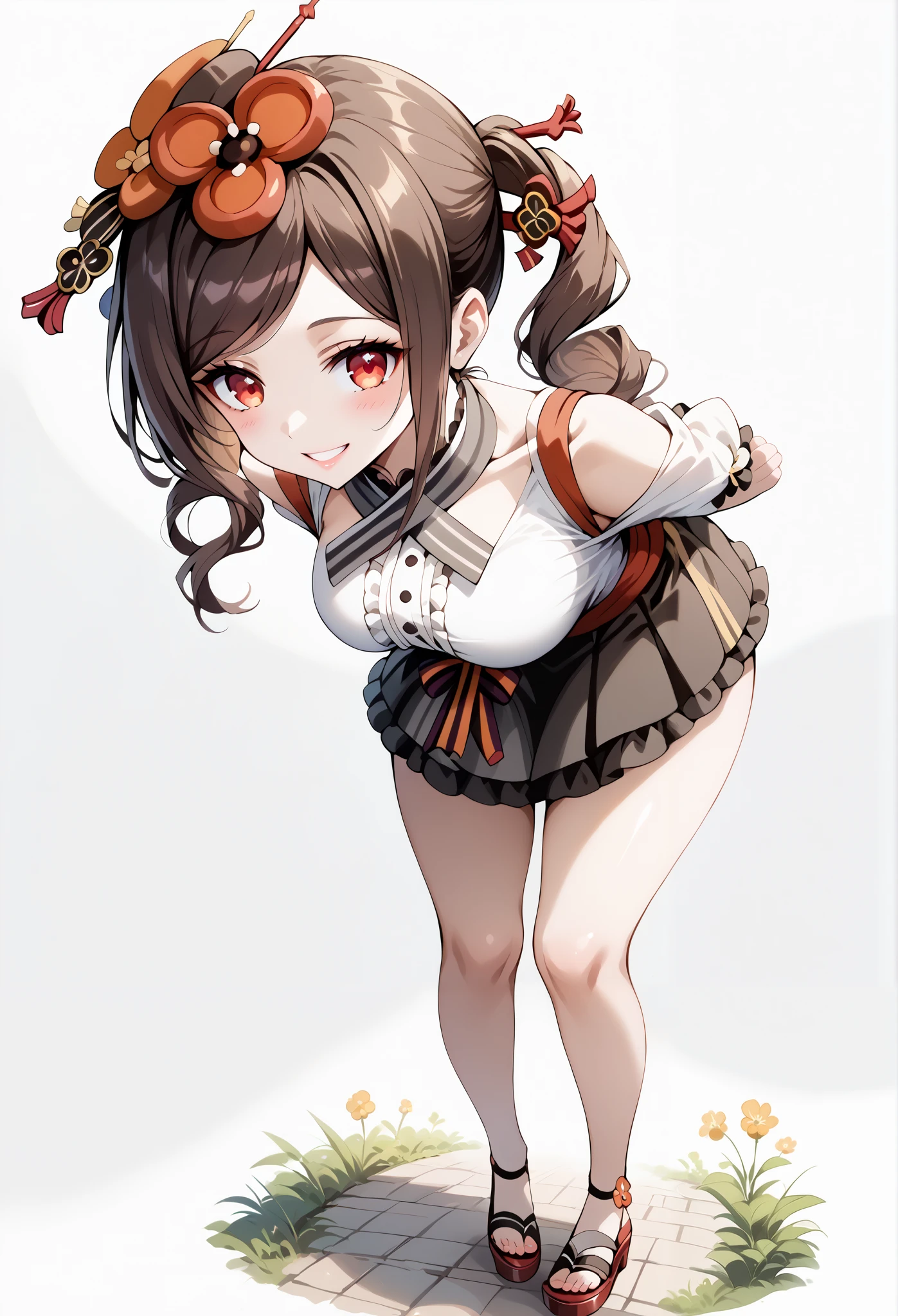 score_9, score_8_up, score_7_up, source_anime, 4K,perfect fingers,(perfect hands, perfect anatomy),prefect lighting, very aesthetic, intricate details,highly detailed background, masterpiece, high quality, best quality,
1girl,Solo,genshinchiori, chiori, brown hair, hair ornament, red eyes, hair flower, large breast,
wearing ((casual dress,frills,ornate clothing, )),,
looking at the spectator, cowboy shot, filed, Arms Behind Back, high thigh individual , (large breasts:0.9),Stand up,fullbody,((White plain background:1.5)) ,smile, ((leaning forward:1.3)), ((top angle view)),