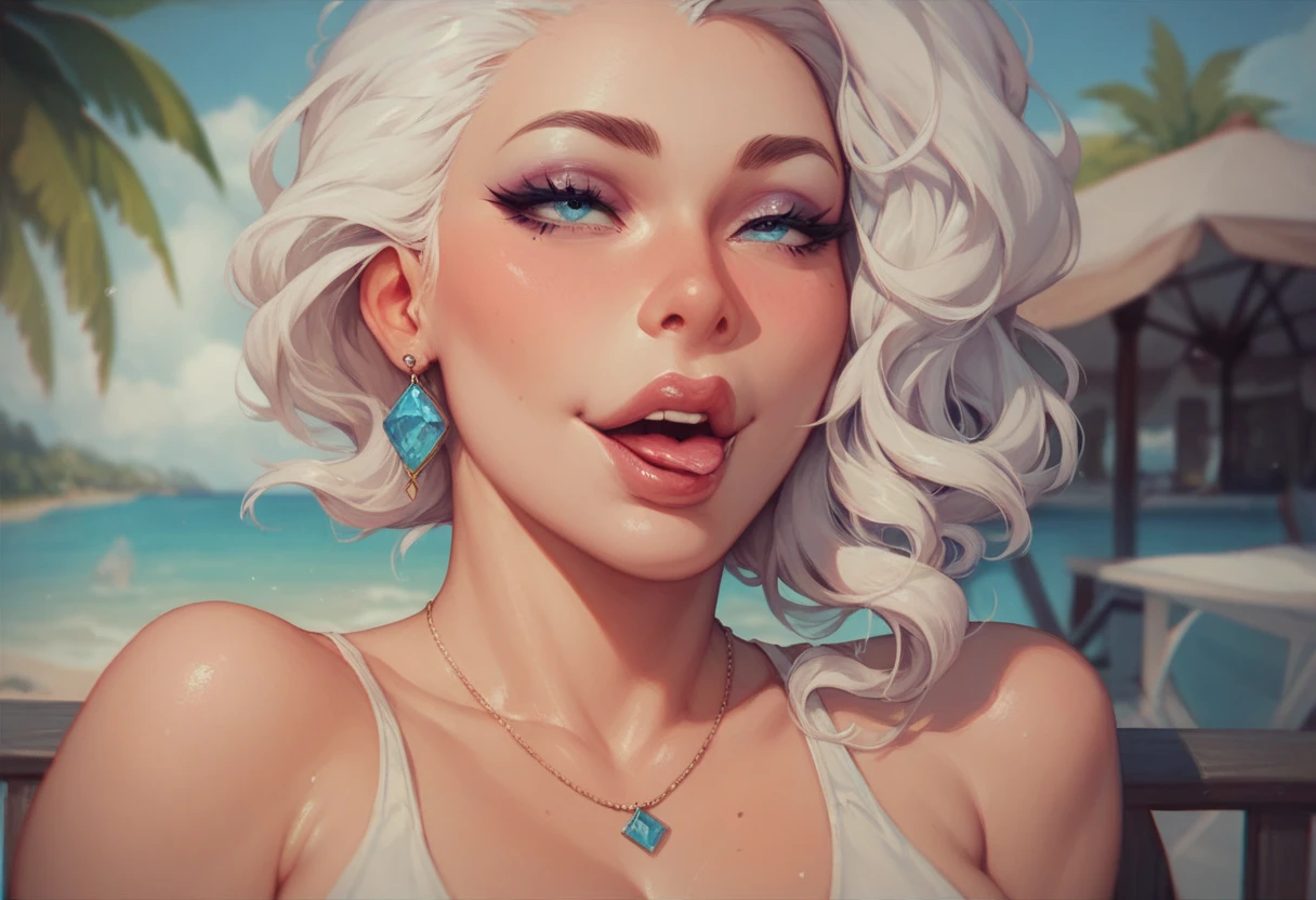  beautiful sexy  woman, early 30s, long hair, wearing a orchid lei, on a beach, pacific sunset,huge breasts, makeup , lipstick , realistic magenta eyes, perfect face, jawline , earrings ,blush, shadow , smiling 