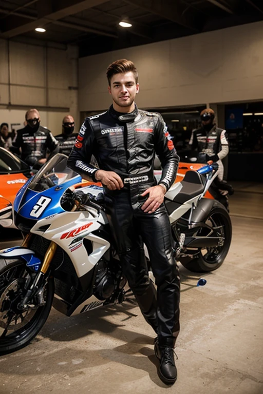 Muscular Roman Todd with facial hair wears motorgp suit, motorcycle boots, motorcycle gloves, bulge, big penis, short cut hair, smile, standing next to a motorcycle, full body view