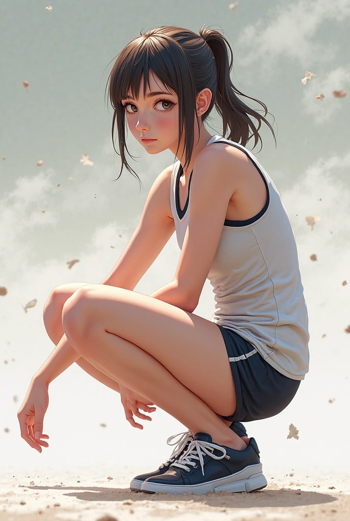 (The best quality, masterpiece), 1girl, athletic, outdoor, squat, looking at the viewer, 1 young woman, Tight White Expandex Sports Panties, tight white sports bra, athletic, sports field, curve, whole body, Sports shoes , clash, squat, open leg, sitting facing forward symmetrical image