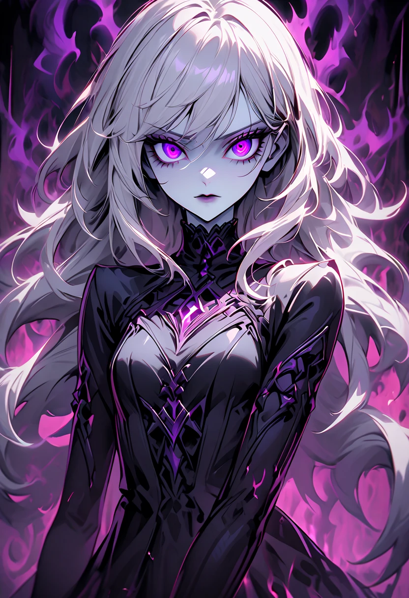 best quality,8k wallpaper,1girl, solo, wavy hair, very long hair, silver hair, (forehead:1.1), red eyes, (half-closed eyes:1.1), evil smile, medium breasts, futuristic, armored, purple coat, purple lightning, blue ice crystals, adult, mature, fighting pose, soft fabric waist extension, bare shoulders, fist <lora:add_detail:1> <lora:r1ge - AnimeRage:0.5>