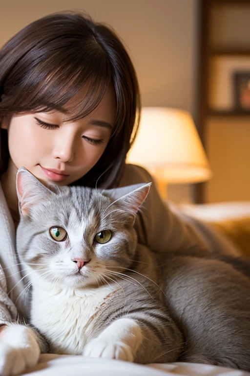 woman sitting on bed holding a Cat in her arms, woman and Cat, holding a Cat, she is holding a Cat in her arms, with small Cat on lap, petting a Cat, big cheeks holding her Cat, a sick Cat laying in a bedroom, pet, 苏格兰折耳Cat, Cat, , a Cat is smiling, , the Cat is smiling