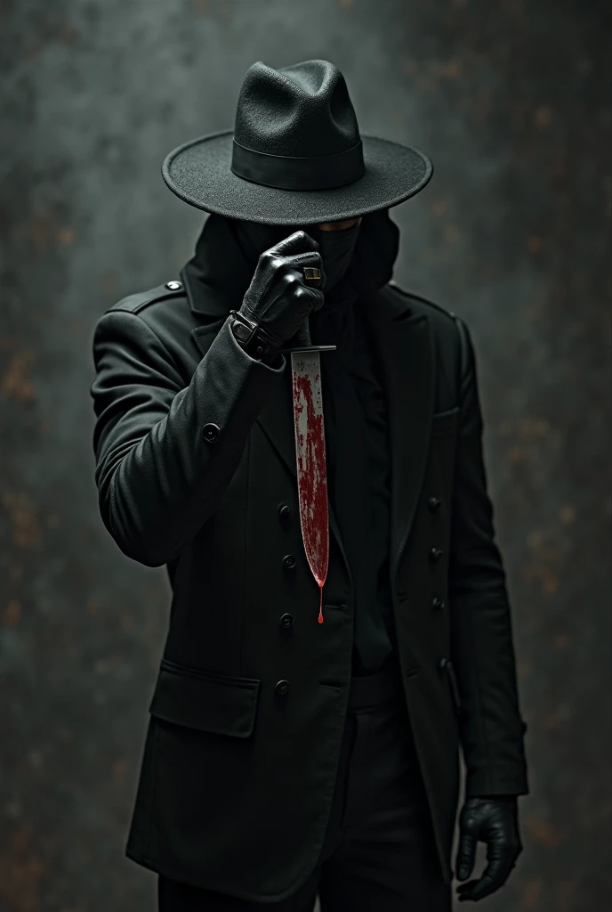 White man in suit, with a black hat with blood covering his mouth