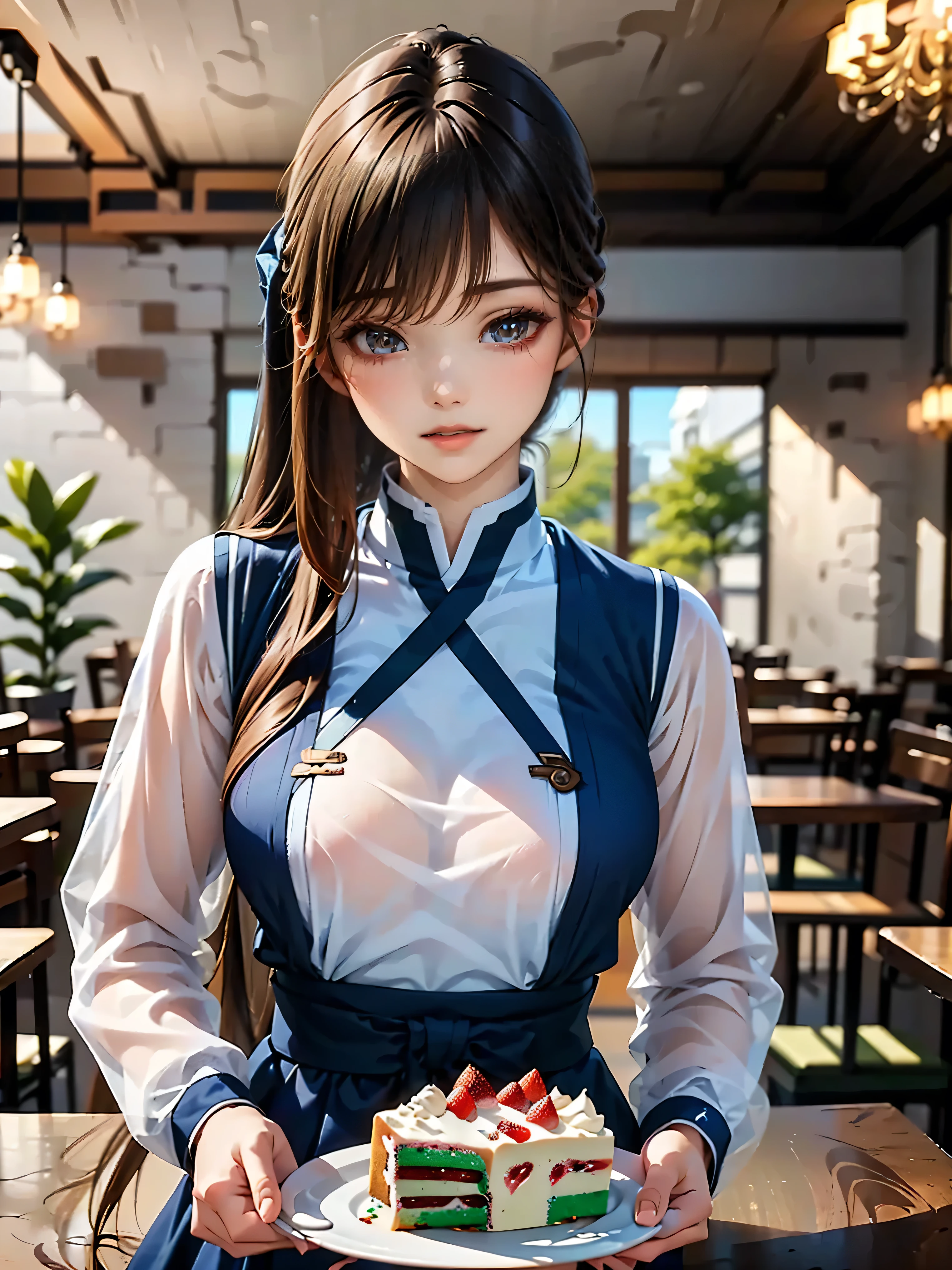 Highest quality, 8K, Highest quality, ((Crimson eyed high school girl)), ((Crimson Eyes)), ((Sparkling and delicate eyes)), ((Very accurate eyes)), (Platinum and purple long hair), Princess cut, ((Transparent and shining white skin)), Shiny skin, Very white skin, ((Very small breasts)), ((Wearing a dark blue long-sleeved sailor uniform and eating cake in a cutely decorated cafe/restaurant)), Eating cake, ((Eating cake with a hawk in one hand)), Beautiful fruit cake, The action of eating cake, ((Detailed depiction of the cake)), ((Anatomically accurate depiction)), ((Detailed depiction down to the fingertips)), Smile, Very beautiful, Beautiful cafe/restaurant, Gentle light