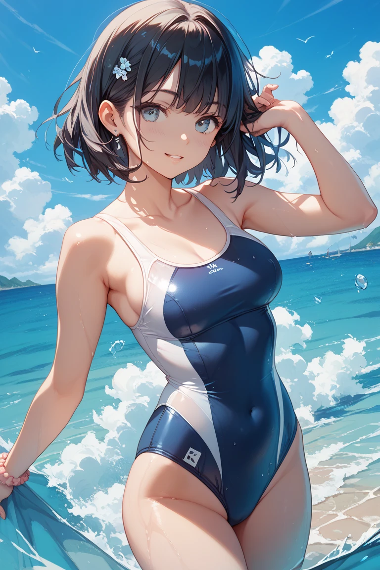 Highly detailed, vibrant color, detailed skin, detailed fabric, detailed eyes. Brown haired young woman, beautiful, bob hair, brown eyes, small to medium breasts, smiling, showing off armpit, backless swimsuit, sideboobs, soft smile, blushing, gravure magazine cover.